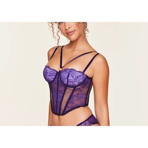 Adore Me Purple Lace Corset Bustier 36B Underwire Sheer Mesh Lingerie Top NWT
